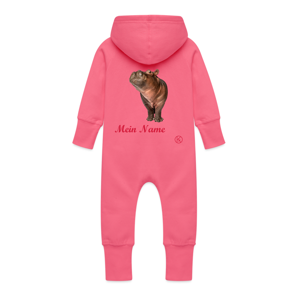 hippo - tierisches - customize - Baby Bio Sweat Overall mit Kapuze - Fuchsia
