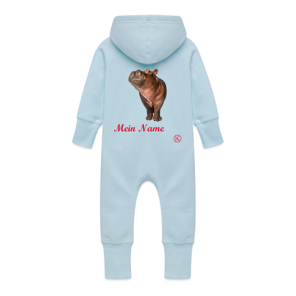 hippo - tierisches - customize - Baby Bio Sweat Overall mit Kapuze - Hellblau