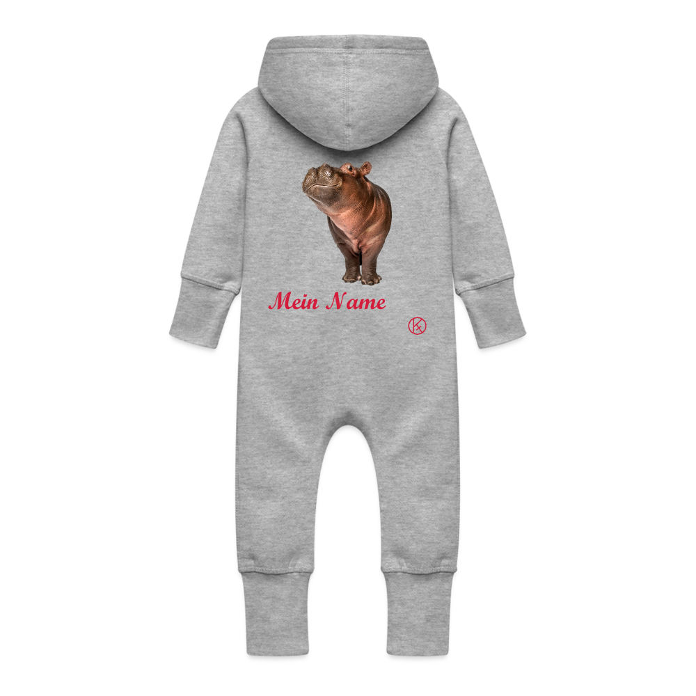 hippo - tierisches - customize - Baby Bio Sweat Overall mit Kapuze - Grau meliert
